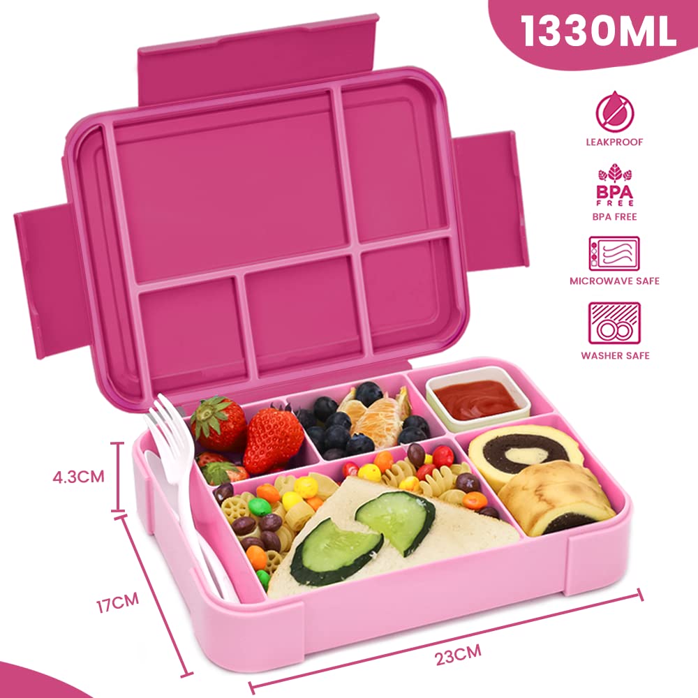 Bugucat lunch box for kids with compartments 1330ML, leak-proof bento box with 6 compartments utensil set, snack box breakfast box for girls boys