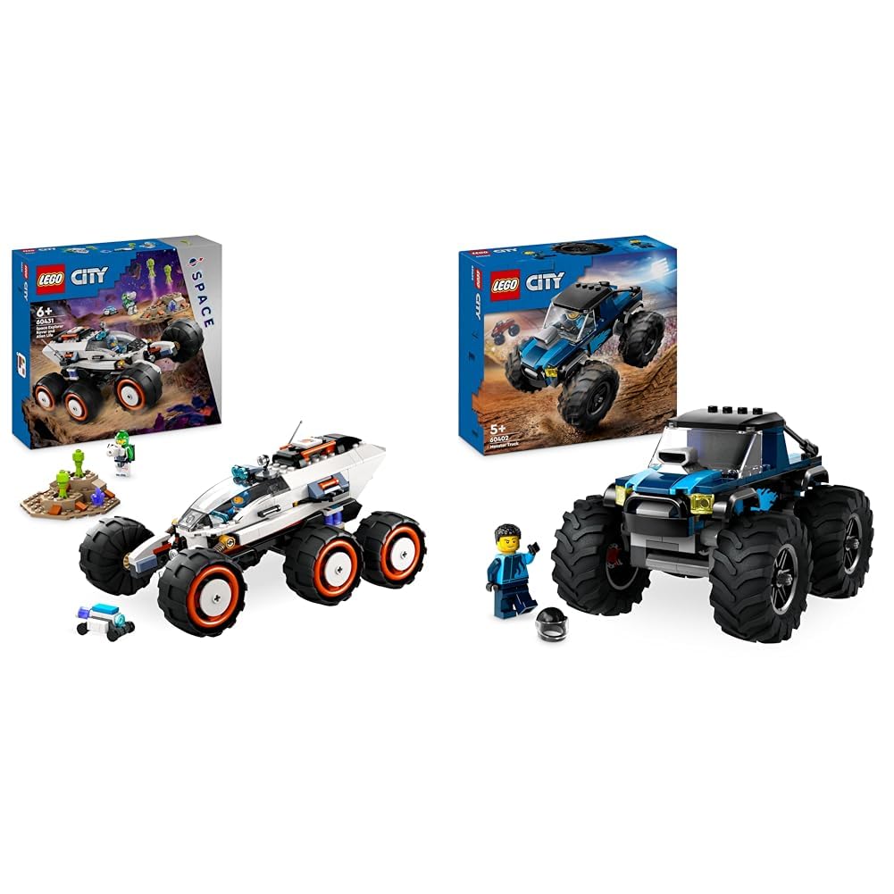 LEGO City Space Rover with Aliens, Car Set with Robot and Alien Toy Figures & City Blue Monster Truck, Off-Road Car Toy, Vehicle Set with Racing Driver Minifigure