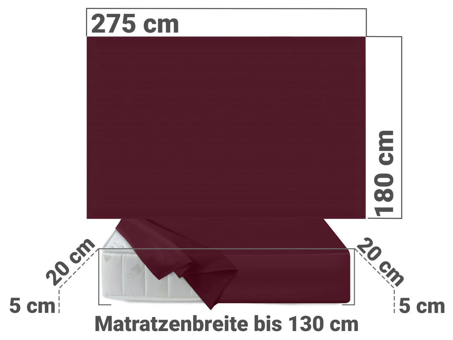 npluseins bed sheet 180x275cm - fitted sheet - perfect for patio, camping and tablecloth - RV sheet - fitted bed sheet - 100% cotton, approx. 180 x 275 cm, Bordeaux