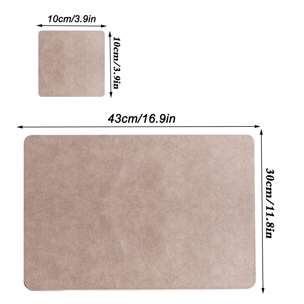 JDkilp placemats washable, PU leatherette coasters and table mats 6-piece set, double-sided non-slip place mats wipeable, gray brown