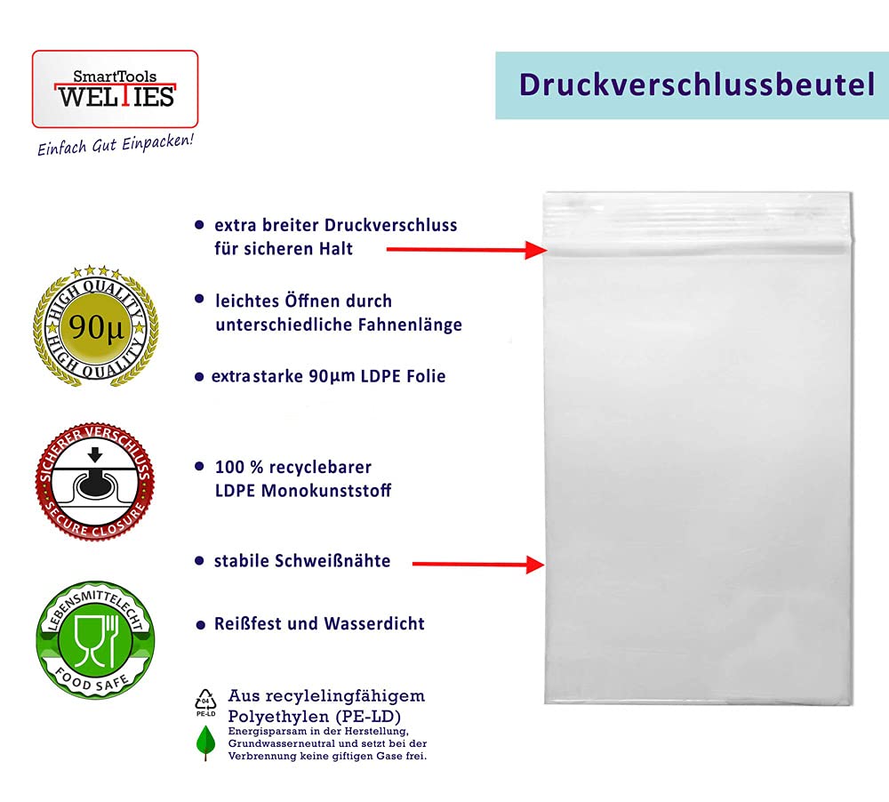 100 pieces of resealable bags 220x310mm 22x31 cm 90mic extra strong zip bags with closure, can be repeatedly closed. Plastic bags suitable for FBA! WorldiesSmartTools