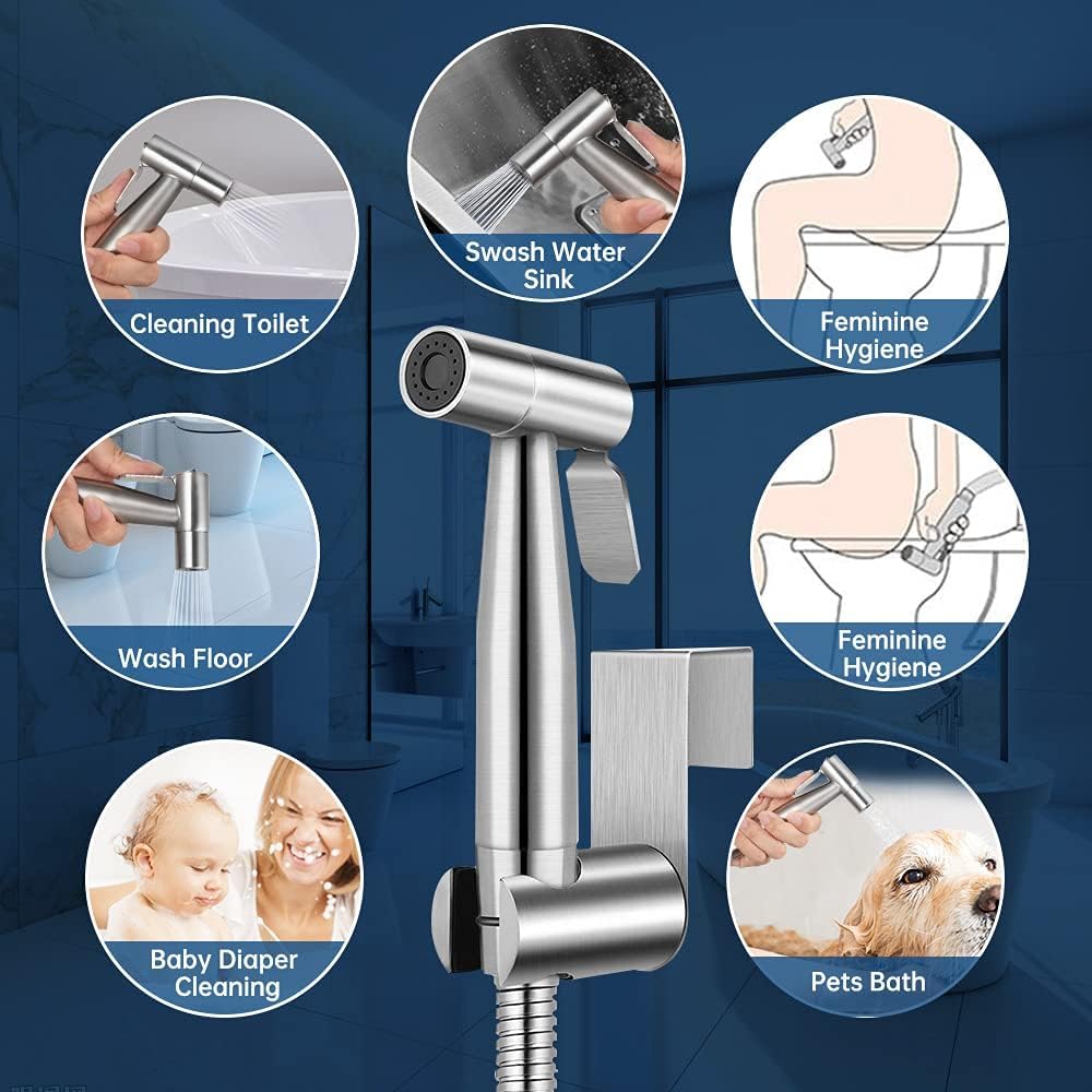 Bidet Handheld Sprayer Set, Premium Stainless Steel Brushed Bidet Handheld Sprayer, Bidet Sprayer for Shower Bathroom Hygiene Toilet Paper Diaper Cleaning, with G1/2" Valve and a G3/8" Adapter.