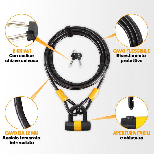 VINZ Kinabalu cable lock/loop cable ø12mm | 3 meters long | steel cable with plastic coating lock | security for bike, boat, garden furniture | 3-15m long