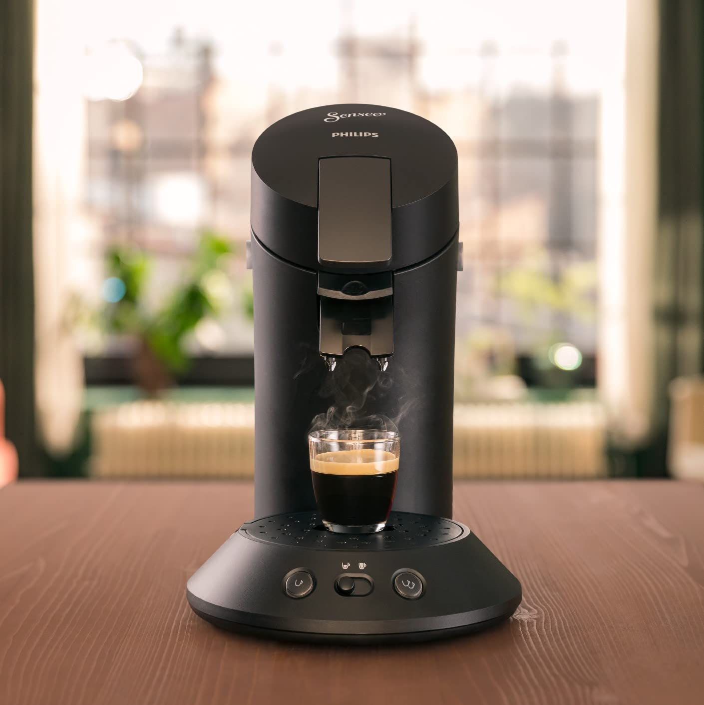 Philips Original Plus Eco Coffee Pod Machine, coffee strength selection, Coffee Boost Technology, 80%* recycled plastic, 45%** less energy consumption, brews 2 cups simultaneously, piano black finish (CSA210/22)