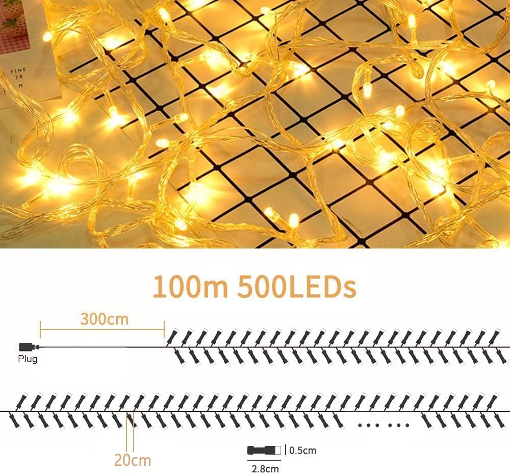 Avoalre 500 LED outdoor string lights 100M, IP44 waterproof warm white string lights, 8 modes with memory function outdoor Christmas lights for Christmas garden party birthday