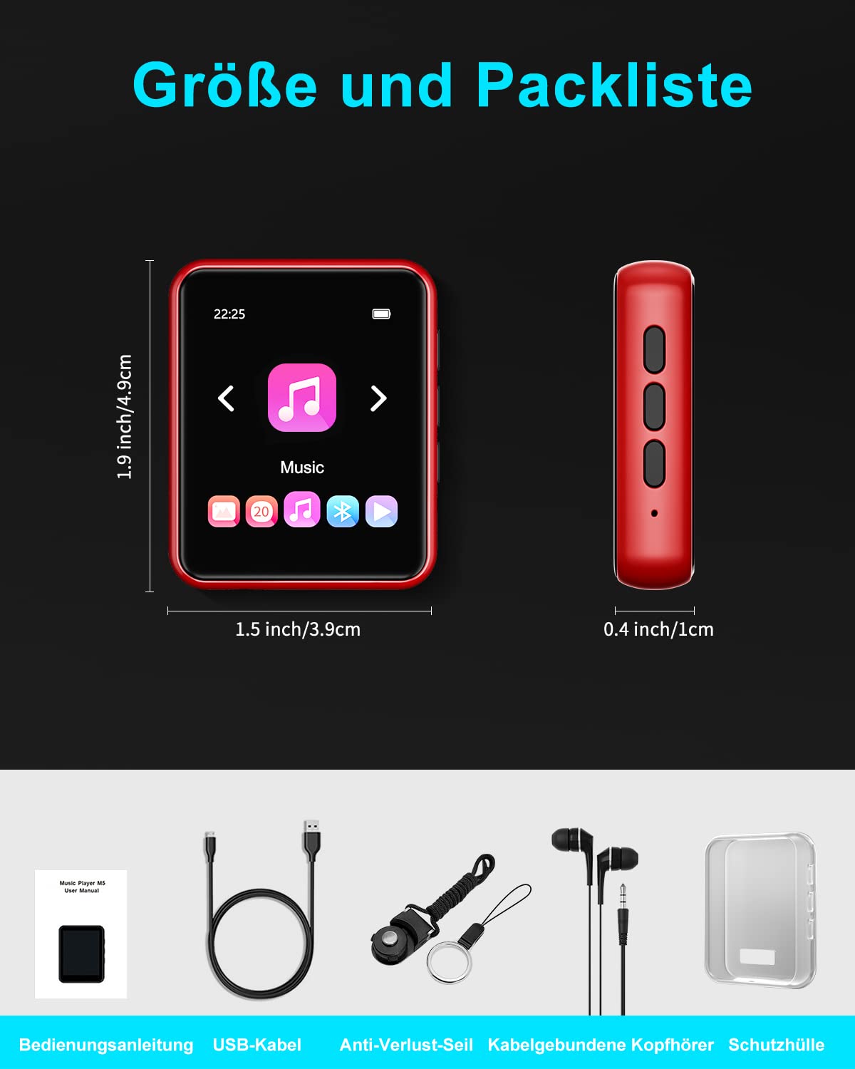 32GB MP3 Player Bluetooth 5.0, HiFi Lossless Sound Music Player with Speaker, Line-in Voice Recorder, FM Radio, 1.8" Full Touchscreen, Support up to 128 GB (with Headphones, Case)