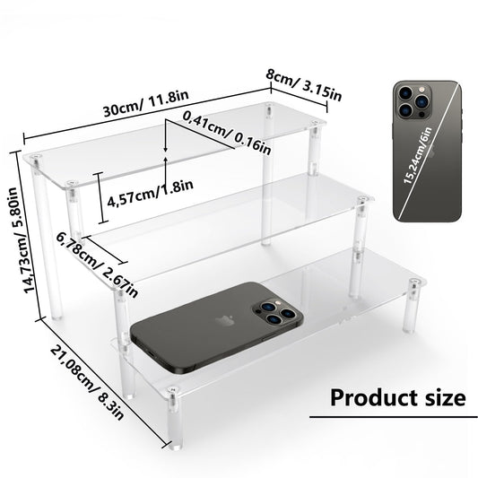 Acrylic riser display shelf stand for Amiibo Funko Pops figures, tabletop clear acrylic organizer for nail polish spices cosmetics art crafts jewelry stand cupcake buffets dessert model 3 pack