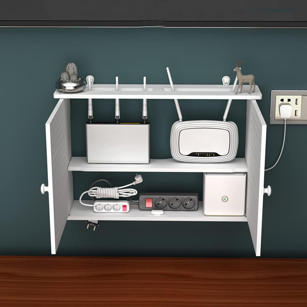 PPGE Home Router Storage Box White, Hide Wall TV Cables, Wood and Plastic Wall Shelf, Cable Management, Floating Shelf, Cable Organizer, WiFi Router Storage