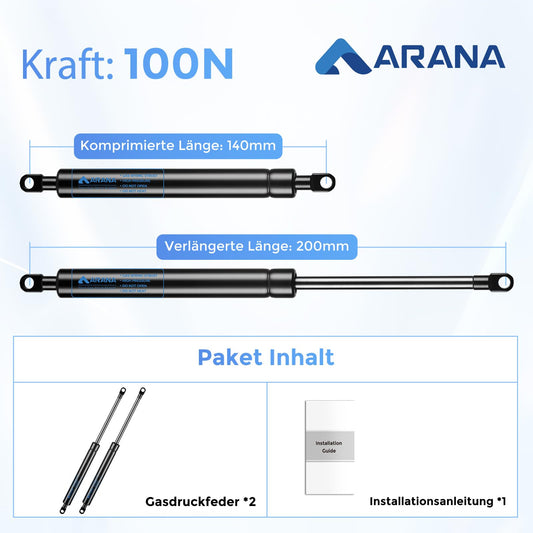 ARANA 200MM 100N gas springs, 10KG gas strut replacement gas shock absorber hydraulic bracket for cabinet door, toy box, bench lid, RV door, and creative DIY applications, 2 pieces.