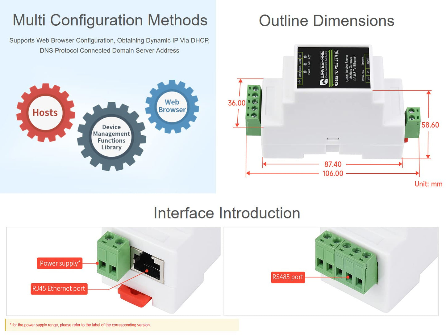 Industrial RS485 to Ethernet Serial Server Modbus Gateway MQTT Gateway TCP/IP to Serial Module, Supports PoE Ethernet Port power supply, with power and signal isolation protection, rail mounting.