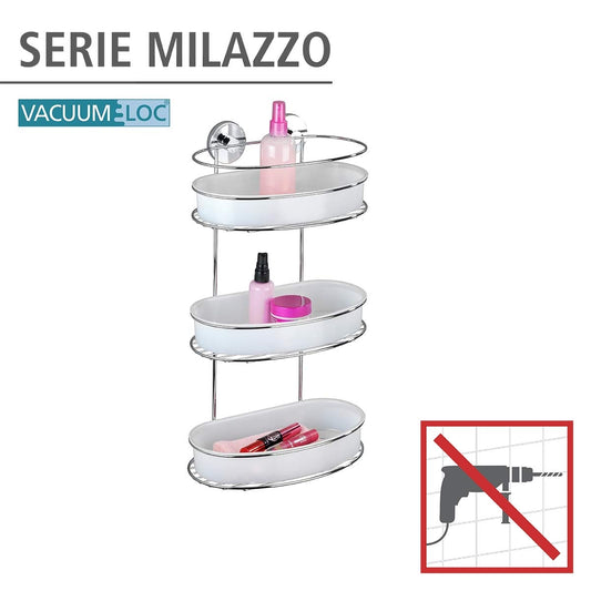 WENKO Vacuum-Loc wall shelf 3 tiers Milazzo, wall shelf without drilling, shower shelf, shelf for bathroom and kitchen, chromed metal with white plastic insert, 28 x 47.5 x 15 cm