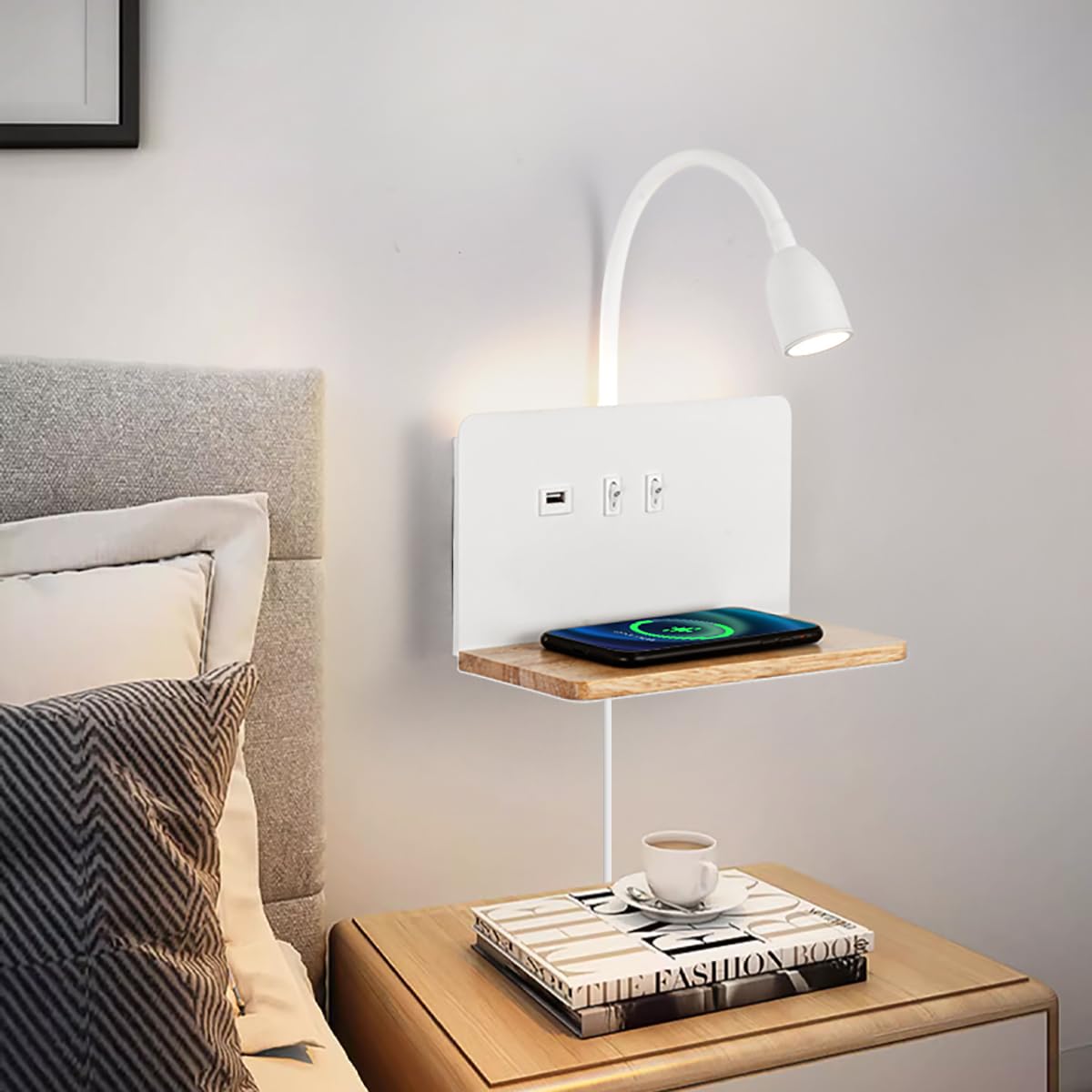 White LED indoor wall light with plug, bedroom wall lamp with USB ports and 10W wireless charger, adjustable and flexible swan-neck reading lamp, 3000K bedside lamp with backlight.