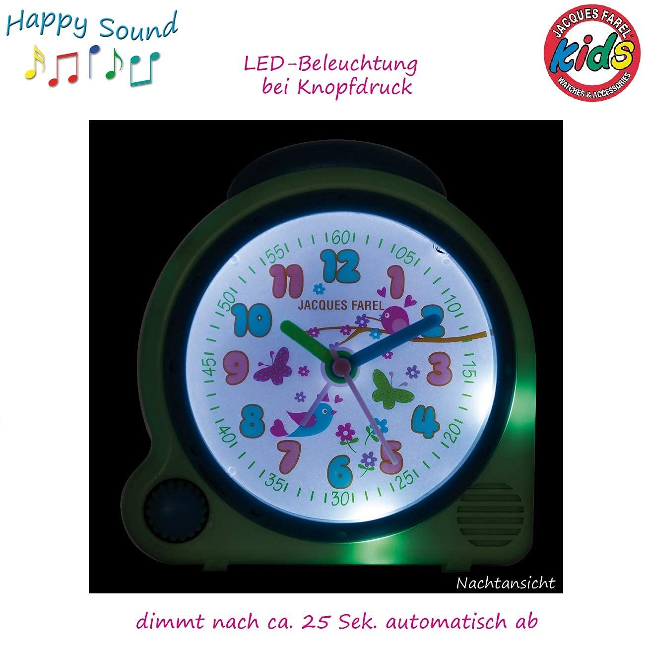 JACQUES FAREL HappySound Children's Alarm Clock Sound Alarm Light Green Mint with Melody Birdsong in the Forest, Volume Control Analog Quartz Light AVC 16FOREST