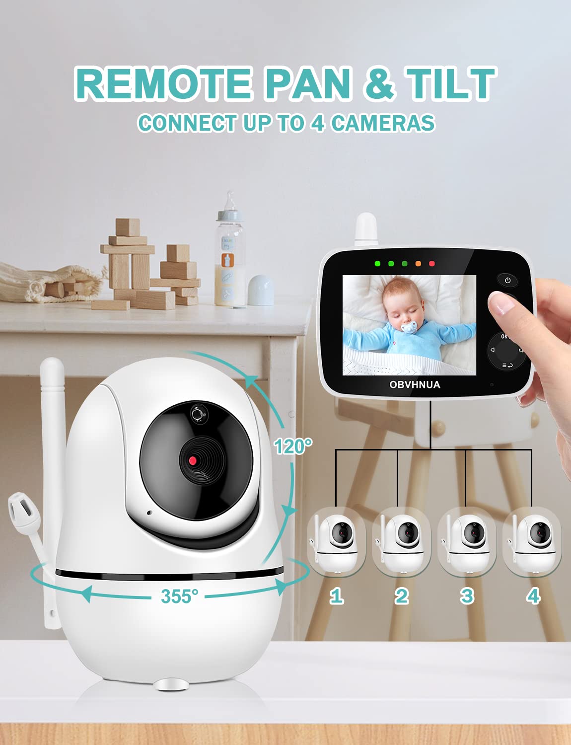 OBVHNUA baby monitor with camera 3.5 inch video baby monitor with LCD screen 355°/120° PTZ ECO mode night vision two-way communication temperature monitoring alarm lullaby