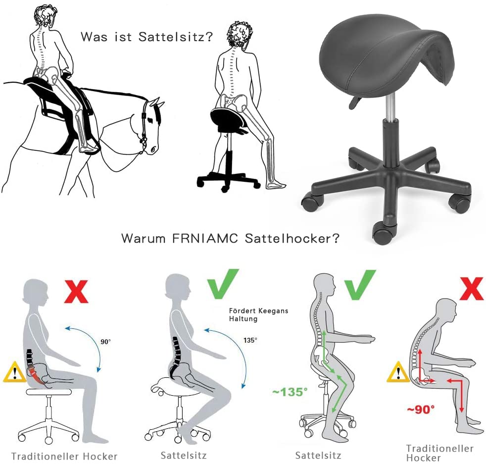 Mingone Saddle Stool Ergonomic Work Stool Height Adjustable Office Stool with Casters Saddle Chair 360° Swivel Stool for Office, Study Room, Studio, Black