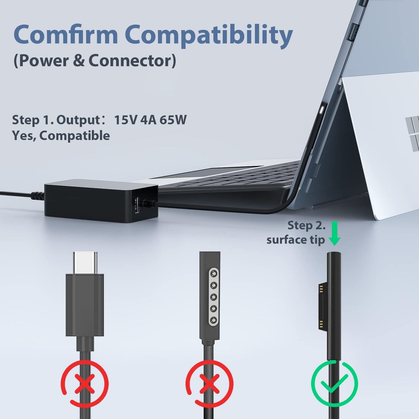 65W Surface charging cable 15V 4A Microsoft charger power supply for Surface Pro 11/X/10/9/8/7/7+/6/5/4/3, Surface Laptop 7/6/5/4/3/2/1, Surface Go 4/3/2/1, Surface Book 3/2/1, Model 1706 1796 1800 with USB