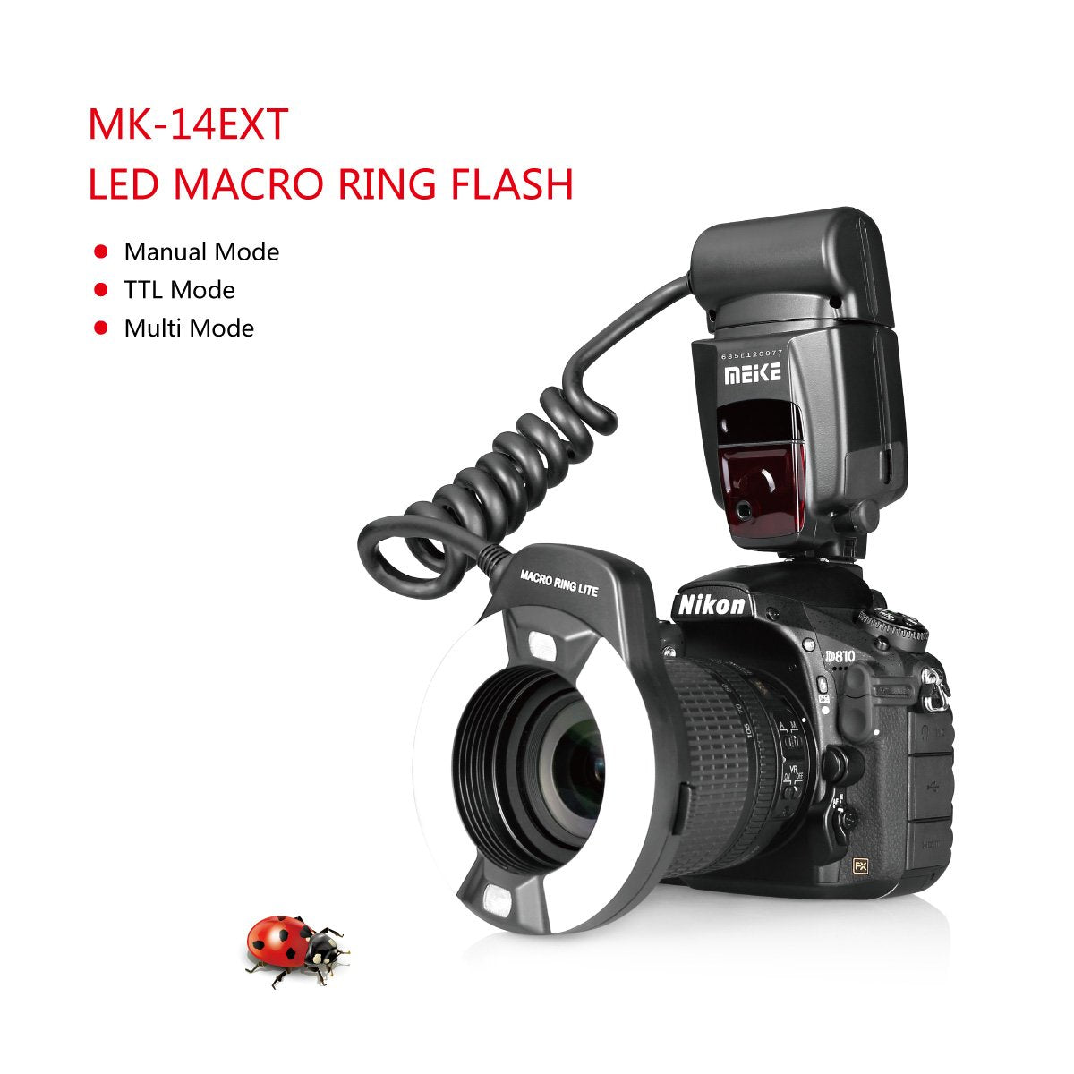 Meike MK-14EXT-N E-TTL Macro LED Ring Flash with LED AF Assist Lamp for Nikon DSLR Camera.