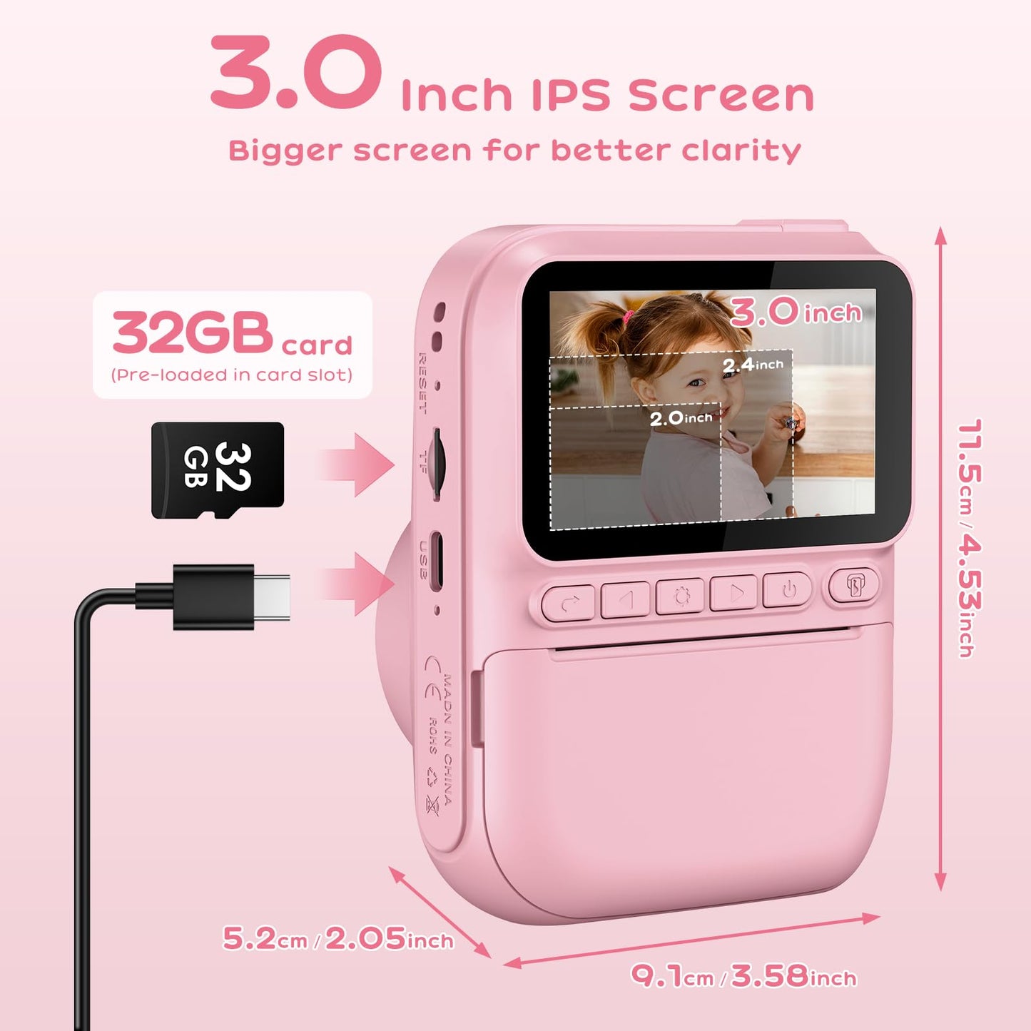 GREENKINDER Instant Camera for Kids, 14MP 3.0 Inch Screen Kids Camera Instant Camera with 32G Card, Printing Paper & Colored Pens, 1080P Kids Camera Instant Print, 3-12 Years
