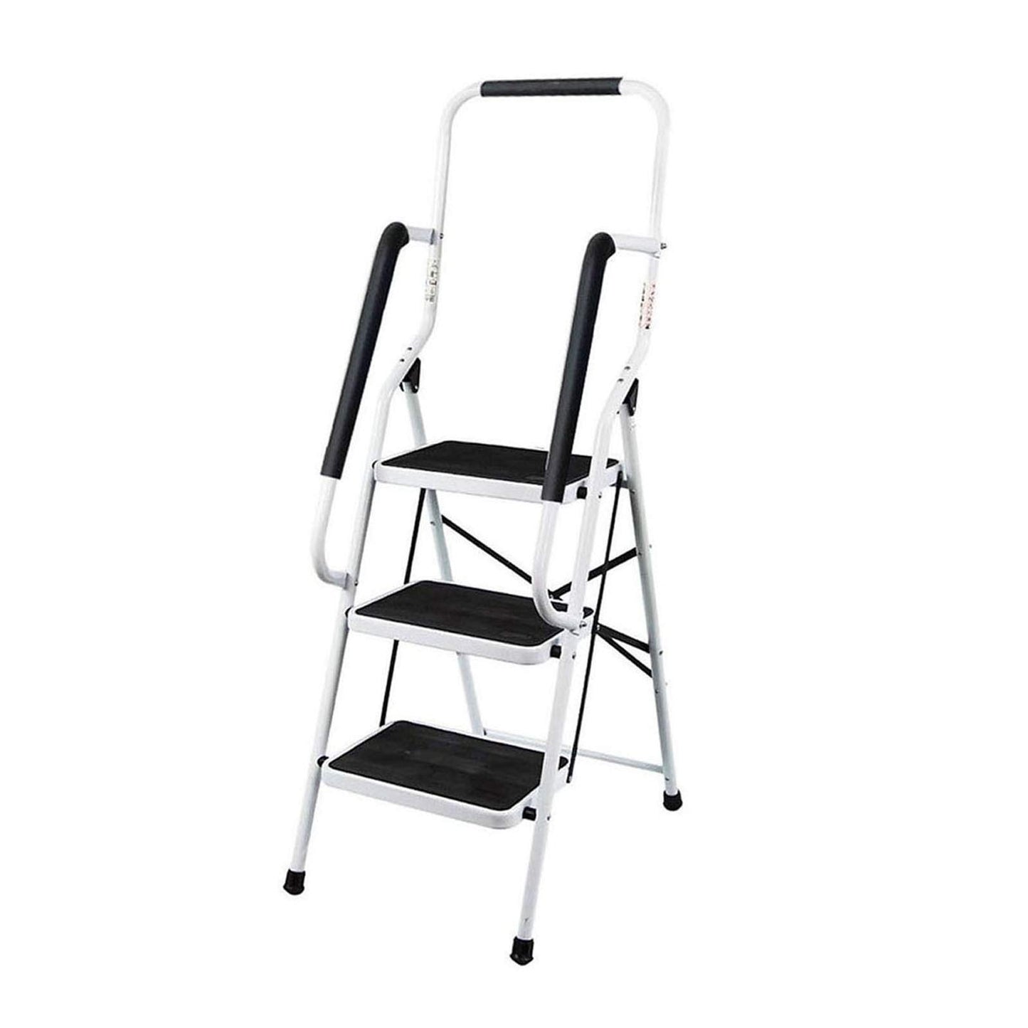 3-step folding step ladder with handrail. Compact, sturdy design features high-quality steel steps with non-slip treads for use at home, in the office, or in the kitchen.