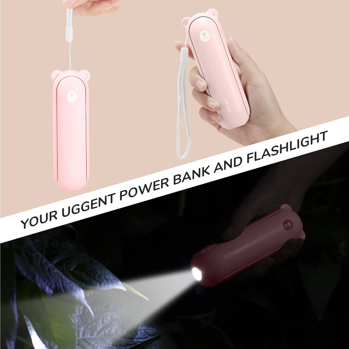 JISULIFE Handheld Fan Mini Fan 3 IN 1, with 4500 mAh Power bank USB Battery Small, Battery-operated Max 37Hrs Runtime Portable Fan, Flashlight Function-Pink