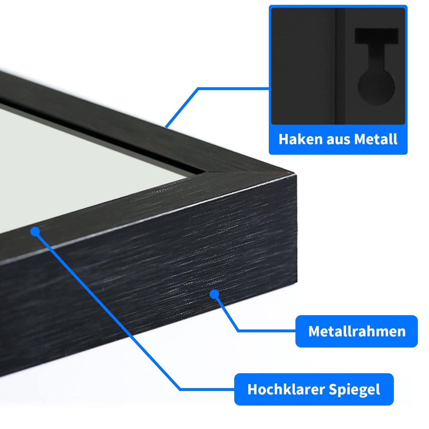 HY-RWML Wall mirror large Black 50x70 cm Mirror Rectangular stainless steel cosmetic mirror and shatter protection for bathroom washrooms bedrooms horizontal and vertical installation