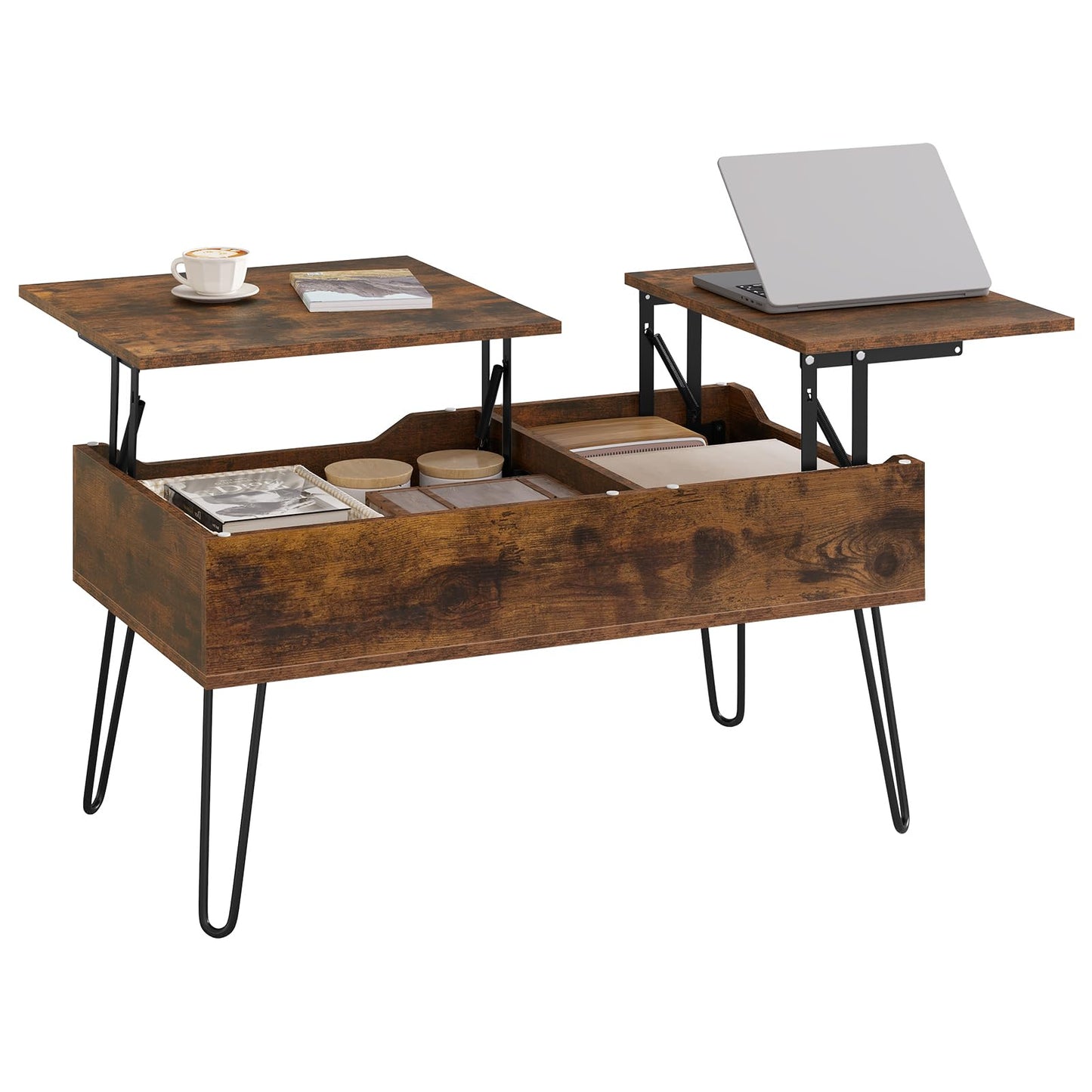 WOLTU coffee table adjustable in height, side table with double lifting plates, lift-top table, living room table, hidden storage space, rustic brown, wood-metal composite, BTS14vbn