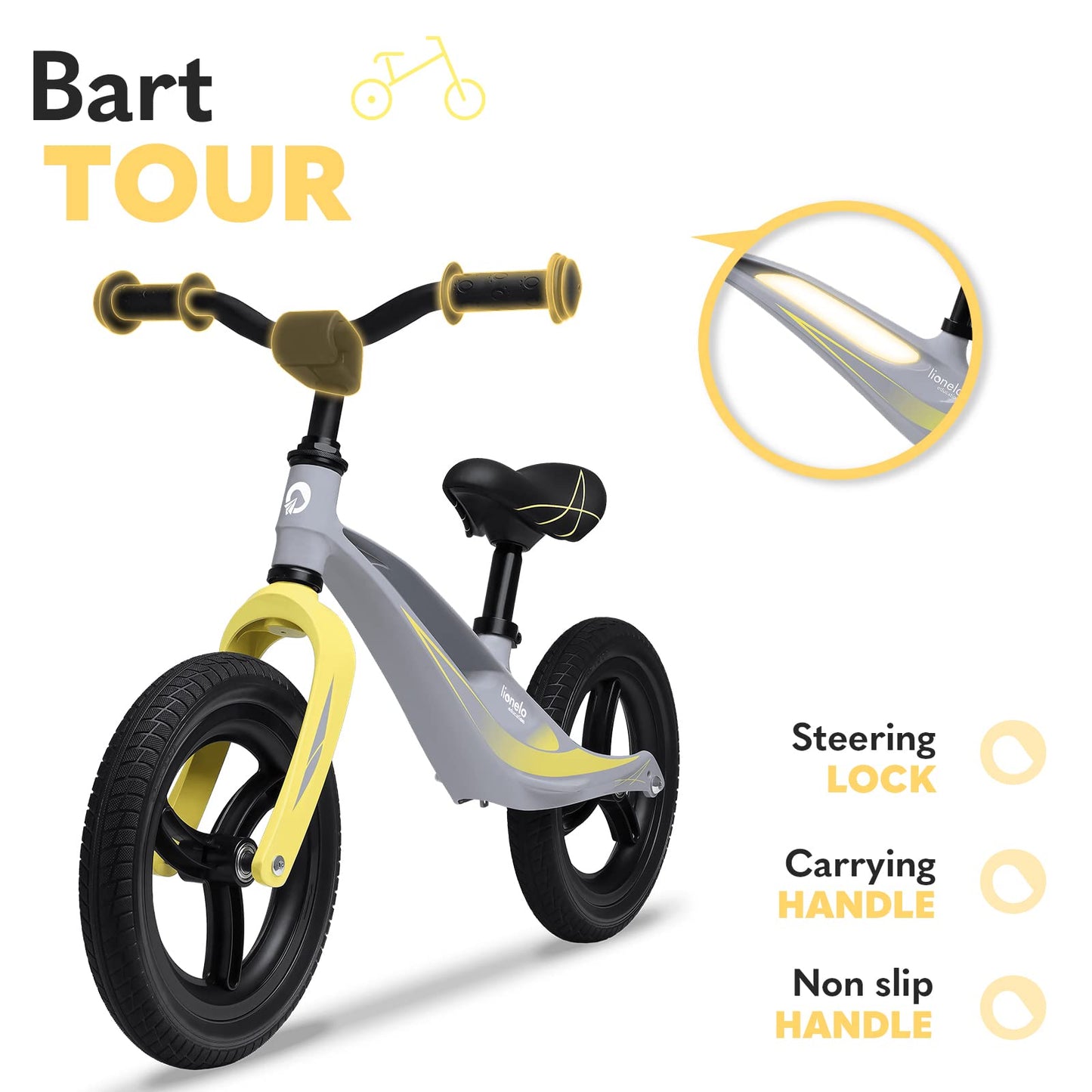 Lionelo Bart Tour balance bike for ages 2 and up to 30 kg, magnesium frame, sporty style, maintenance-free PU 12" wheels, adjustable handlebar and saddle, durable and very light.
