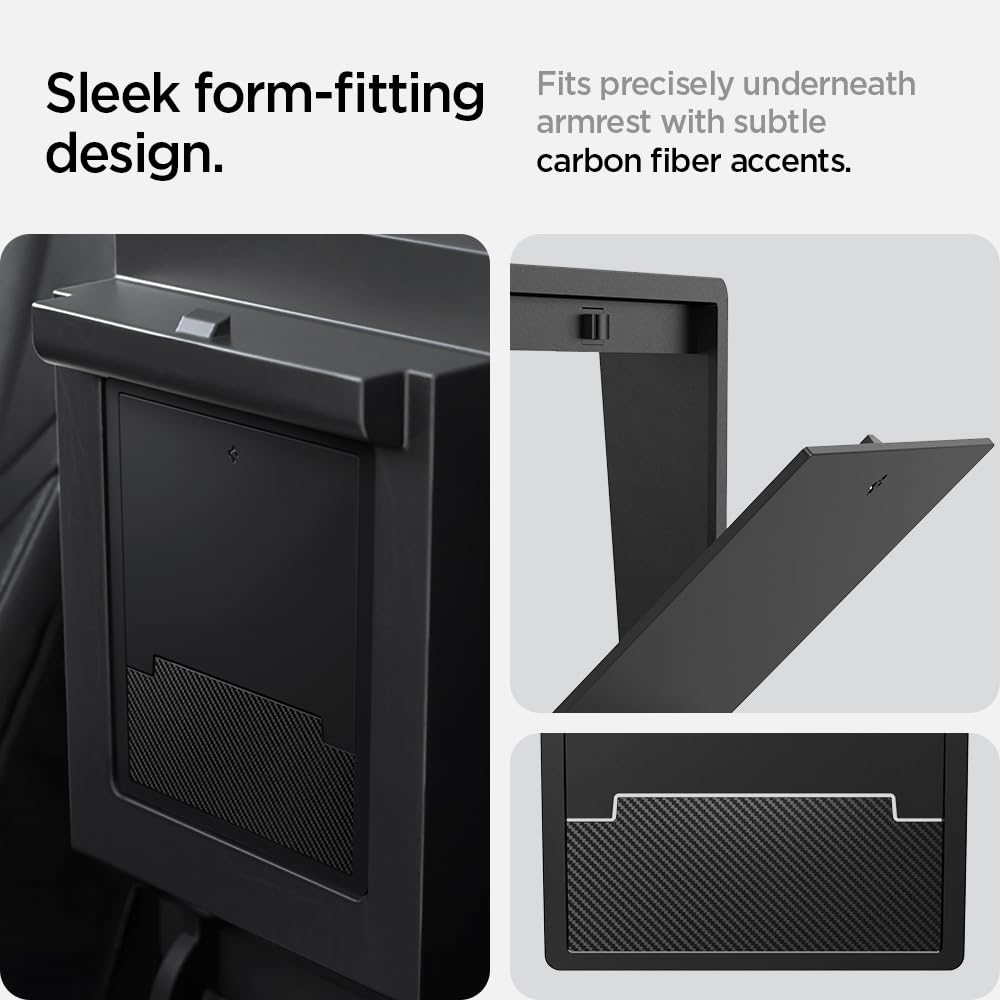 Spigen Tesla Model Y (~2024) and Model 3 (2021-2023) One-Touch Hidden Storage Box (Carbon Edition) Designed for Tesla Model Y and 3 center console organizer armrest.