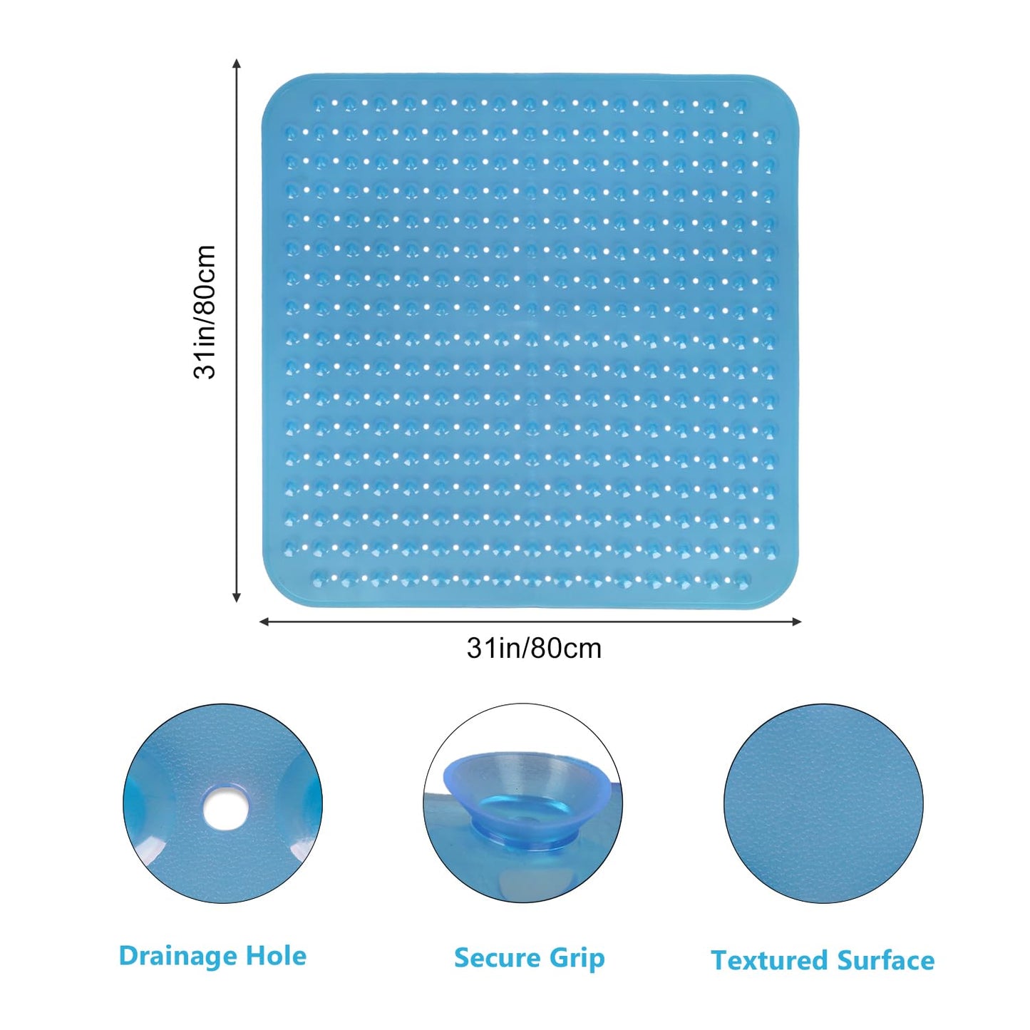 Non-slip 80x80 shower mat with suction cups, PVC shower mat with anti-slip features, non-slip shower insert.