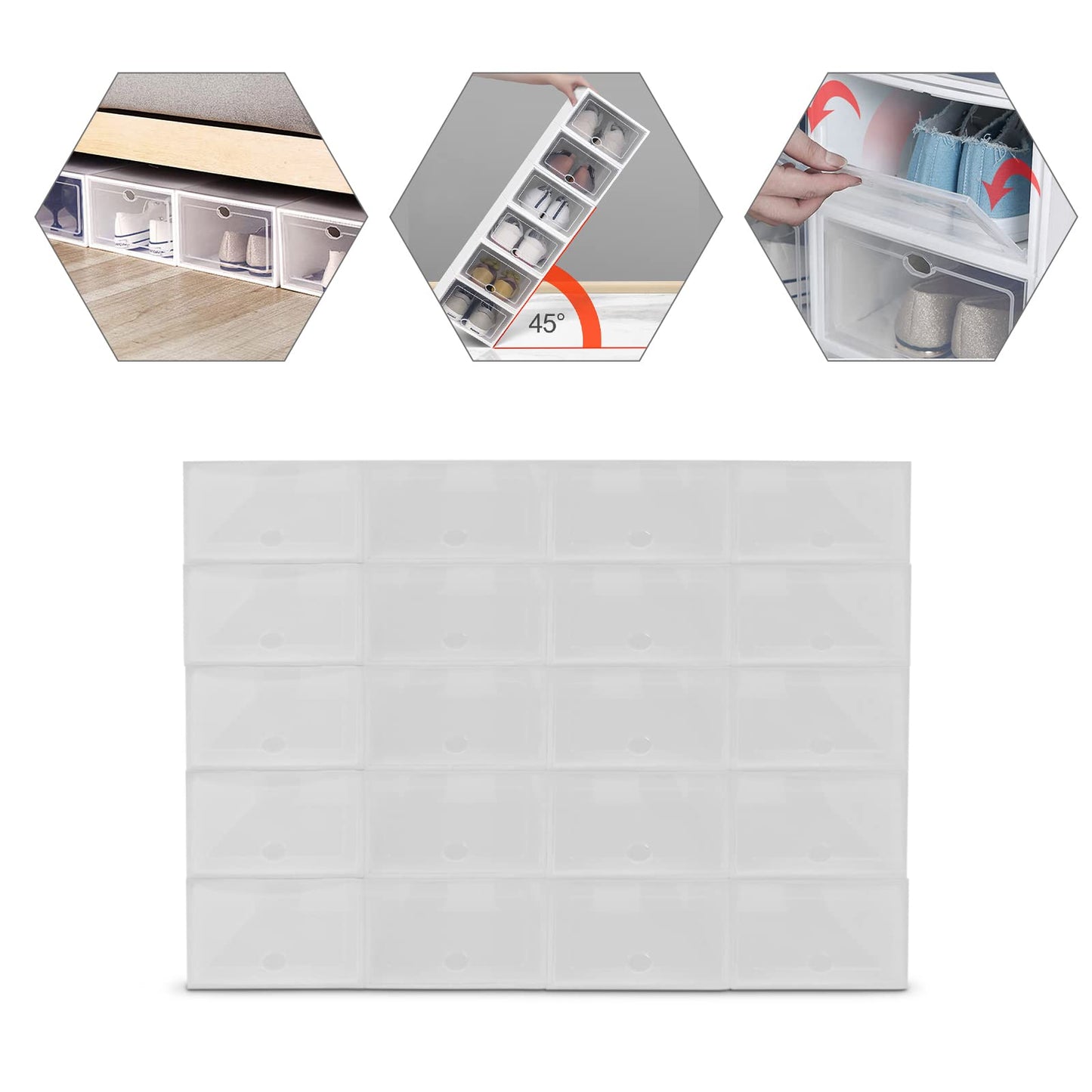 SABUIDDS Large Shoe Box 20-pack Clear Shoe Boxes Storage with Lid Plastic Shoe Organizer for Flat Shoes, High Heels, Sneakers, and Slippers, White