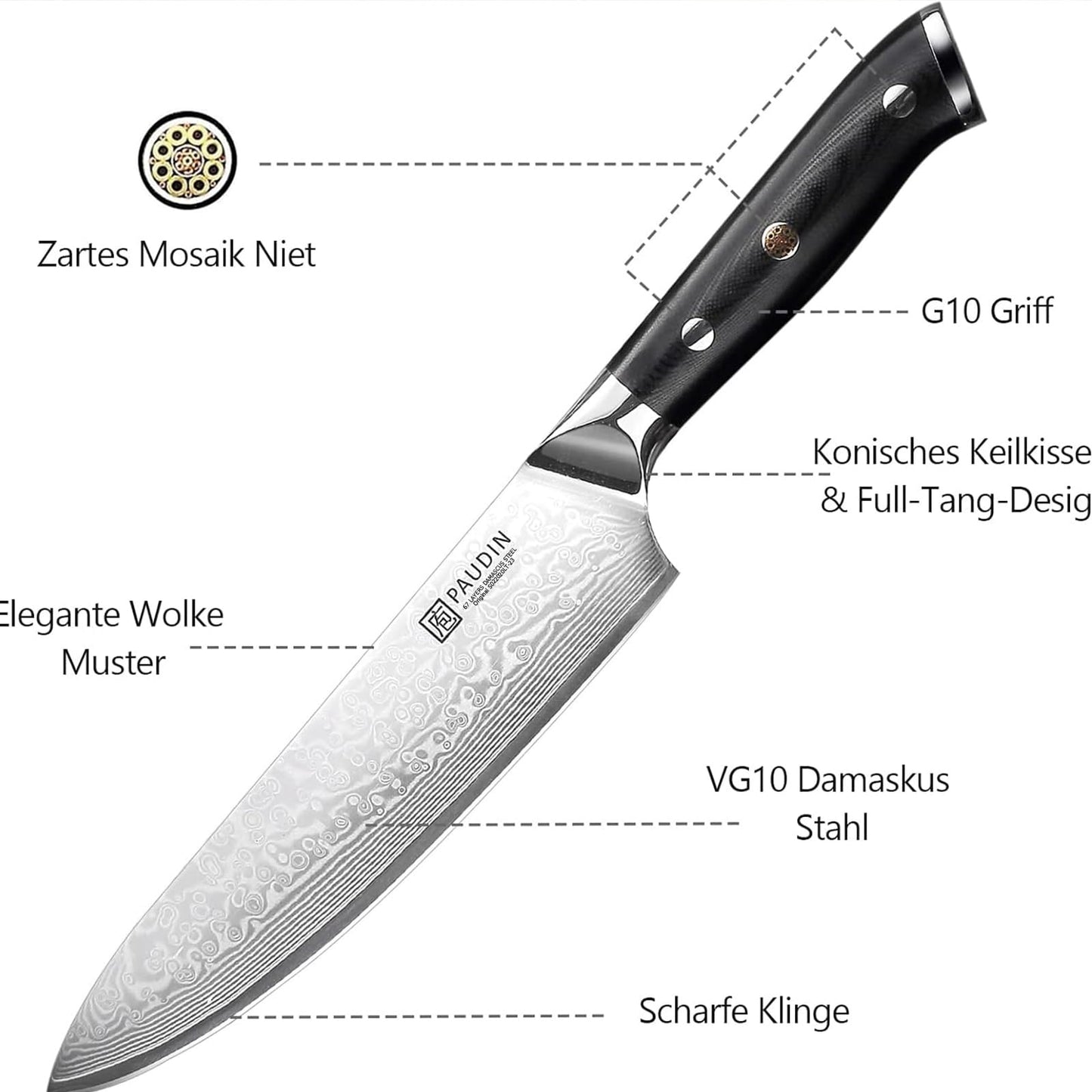 PAUDIN 8 inch Damascus Chef Knife, Kitchen Knife with Ergonomic G10 Handle, Sharp Japanese VG10 Steel Blade.