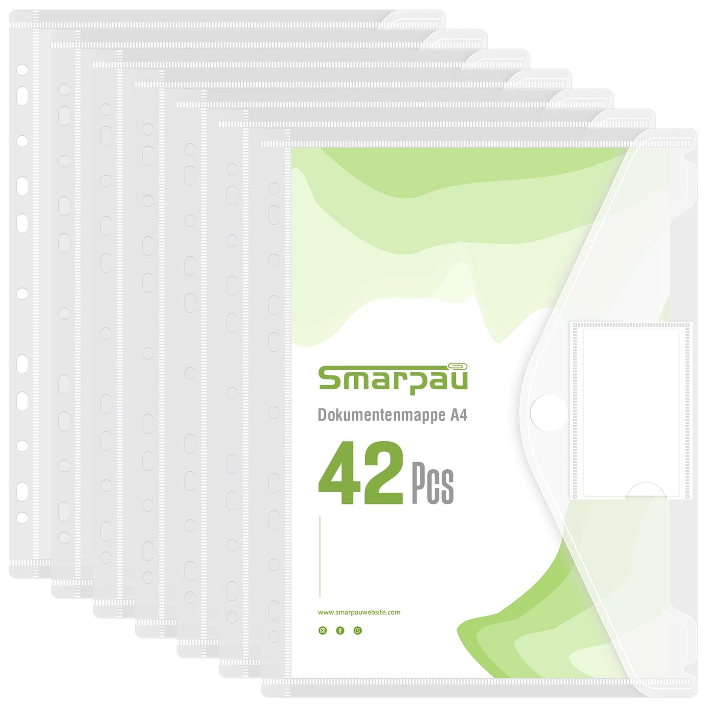A4 document folder 42 pieces, A4 document bag for filing, Transparent folders with 11 hole border & Velcro closure, Waterproof collecting folders for organizing documents.