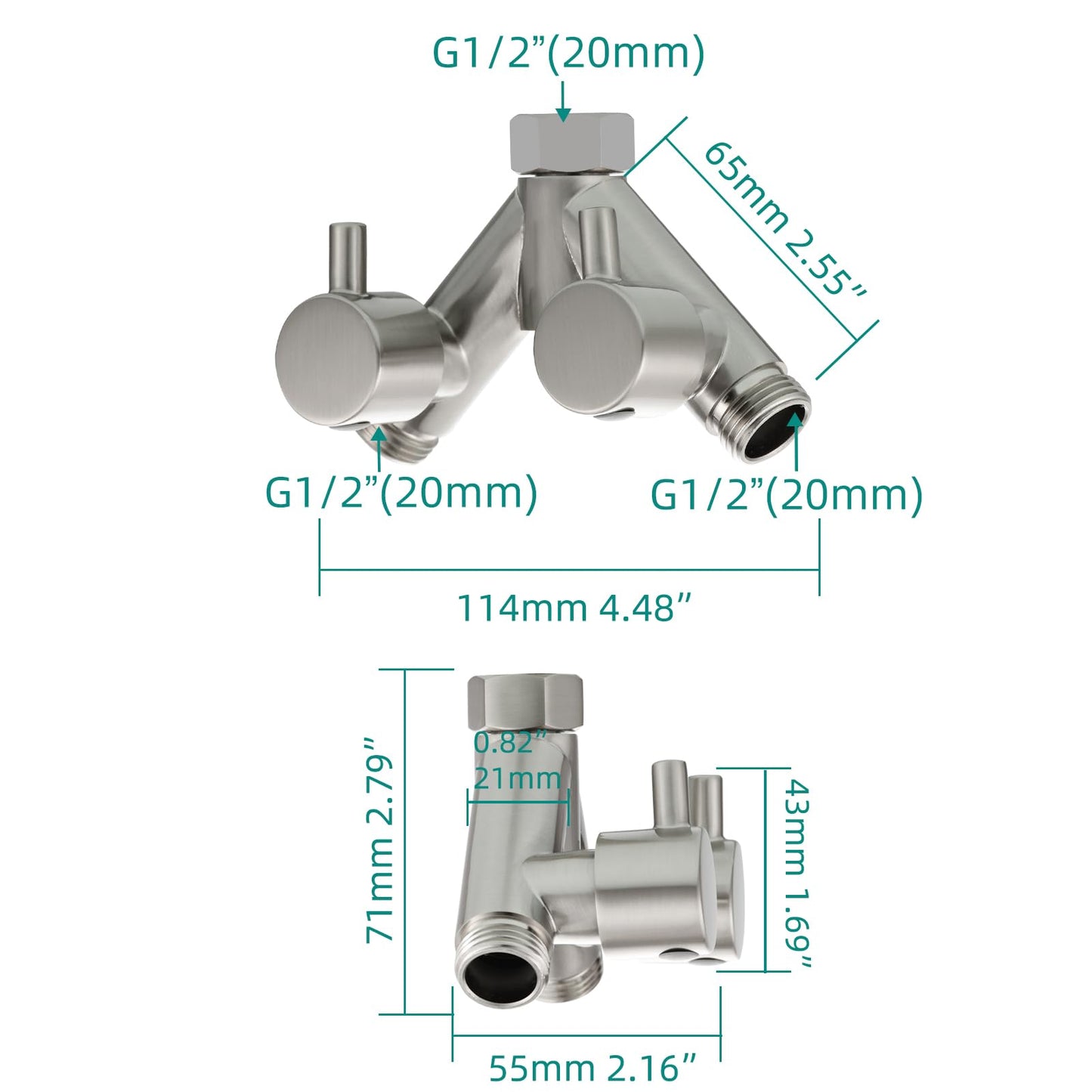 Tecmolog 2-Way Y Distributor 1/2 Inch Brass Adapter Diverter Valve Shower with Shut-off Valves, Brushed Nickel, DSF014ANA