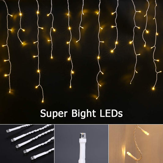 BrizLabs 240 LED Christmas Lights Outdoor Icicle Lights Warm White Curtain Lights Christmas Decorations 8 Modes Indoor Icicle String Lights Curtain for Party, Wedding, Garden