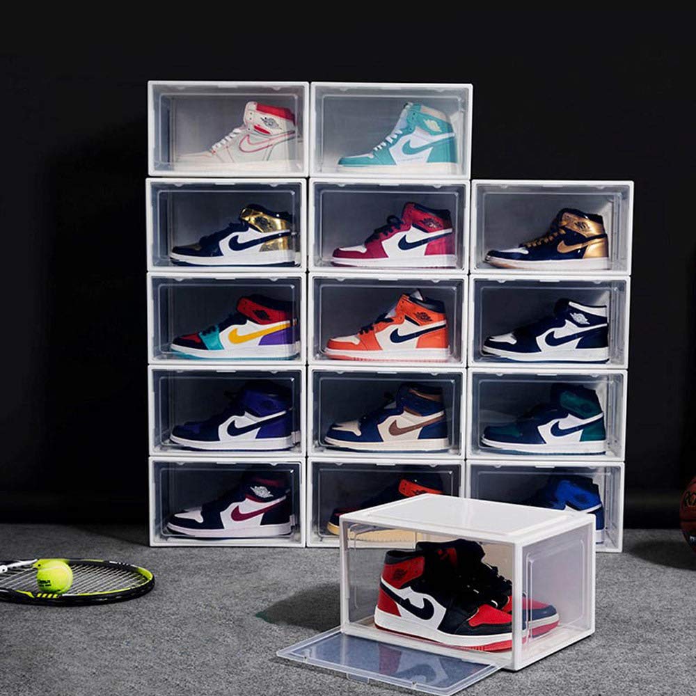 BITUXX LEX21 Shoe Box Stackable Storage Plastic Container Shoe Case Shoe Organizer up to Size 47 (White, Set of 6)