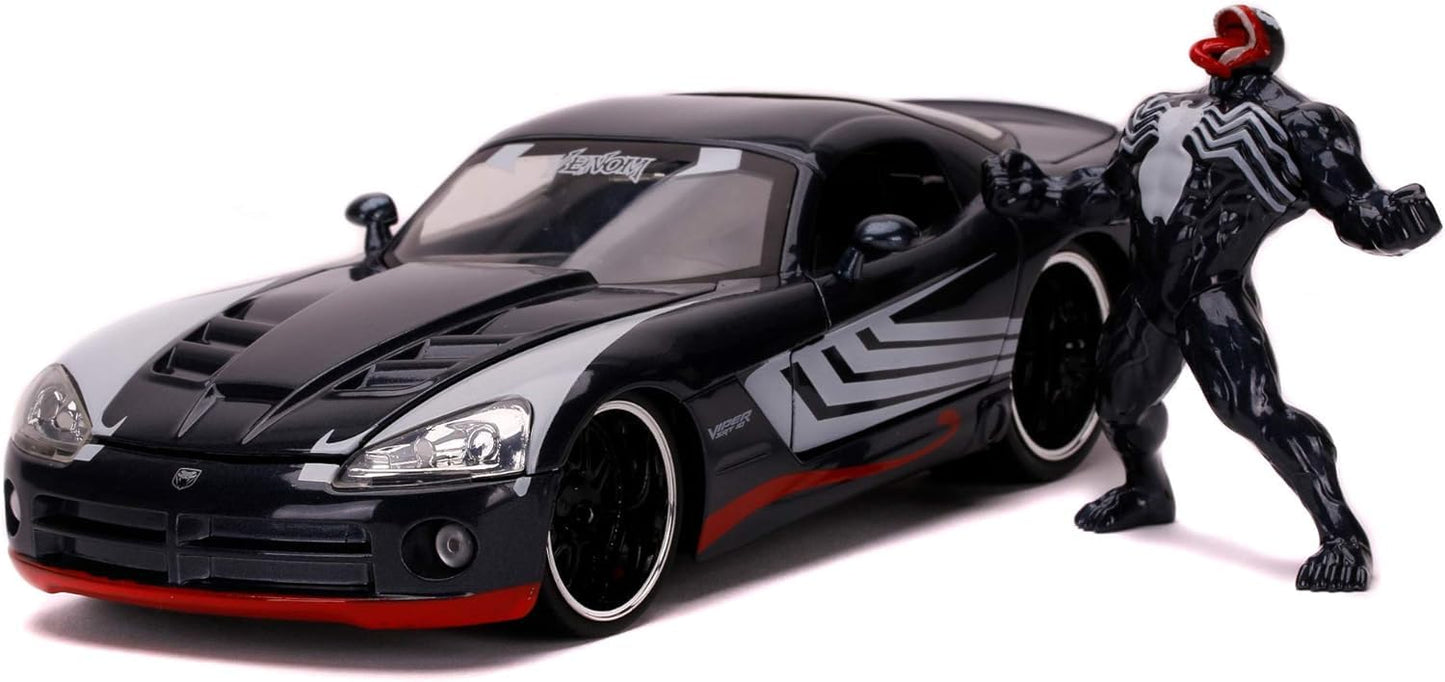 Jada Toys Marvel Venom, 2008 Dodge Viper, SRT10, die-cast toy car with opening doors, trunk, and hood, includes die-cast Venom figure, 1:24 scale, black