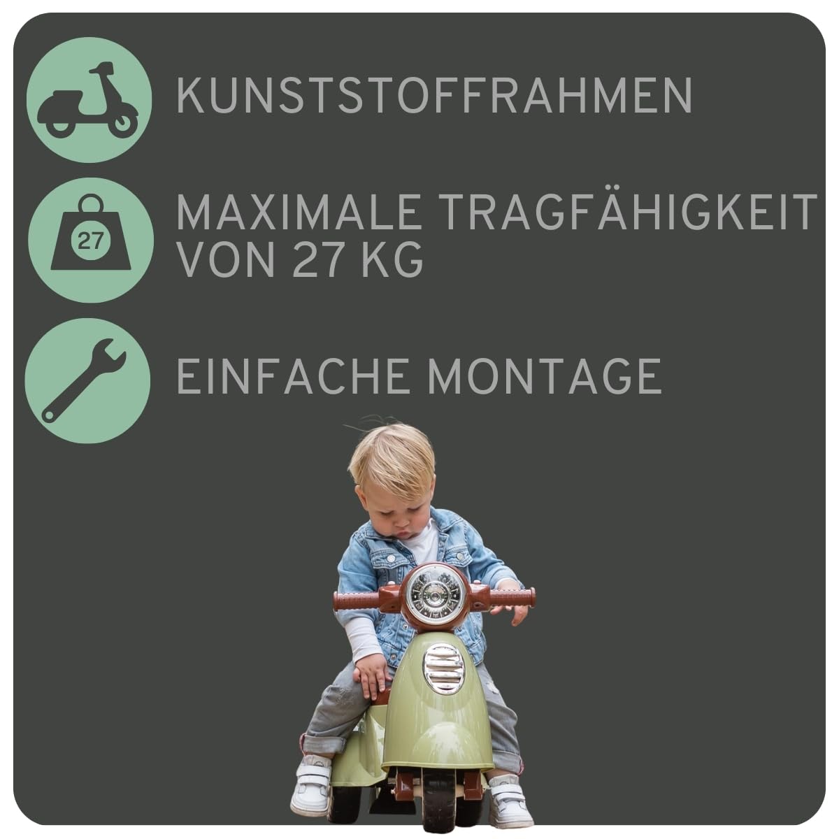 Bandits & Angels Riding Car Scooter Retro from 1 year for boys and girls Green - green scooter with horn - for indoor and outdoor use - with storage space.