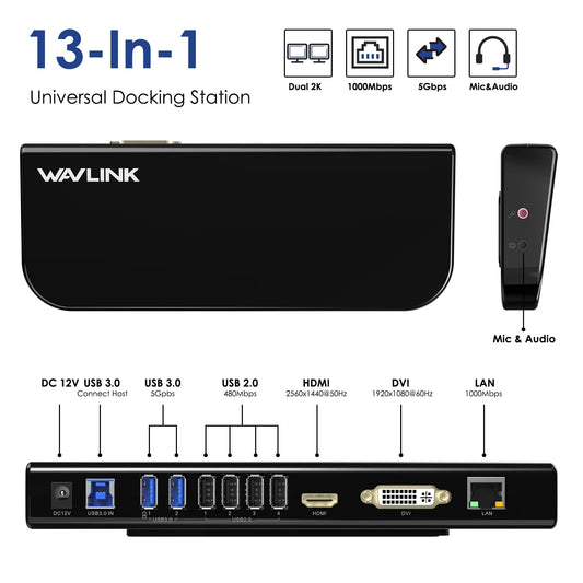 WAVLINK USB 3.0 / USB C Universal Laptop Docking Station, Dual HDMI Monitor for Windows and Mac, (Dual Video Output: HDMI and HDMI/DVI/VGA, Gigabit Ethernet, Audio, 6 USB Ports)