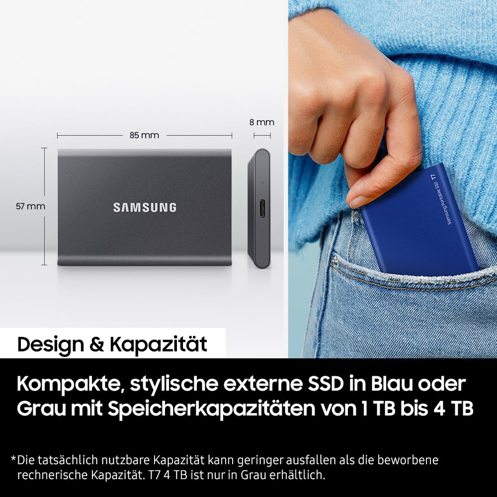 Samsung Portable SSD T7, 2TB SSD, USB 3.2 Gen.2, 1,050 MB/s Read, 1,000 MB/s Write, External SSD Drive for iPhone 15 and newer, Mac, PC, smartphone, and gaming console, Gray, MU-PC2T0T/WW