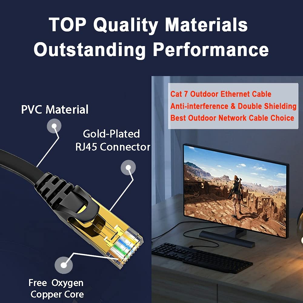 30m Cat 7 LAN Cable 30 meters Flat Outdoor Indoor, S/FTP Network Cable CAT7 30m High Speed 10000Mbps Gigabit Ethernet Cable Waterproof Anti-Interference (30 Clips) - Faster than Cat6/Cat5