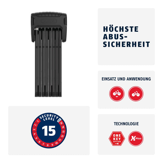 ABUS folding lock Bordo Granit 6500K with SH lock holder - bike lock with XPlus cylinder for high manipulation protection - ABUS security level 15 - length 120 cm, black.