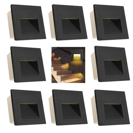 Arotelicht 8-pack 3W LED stair light square stair lighting, outdoor wall recessed light 230V wall lighting lamp aluminum warm white 3000K IP65, black, including junction box