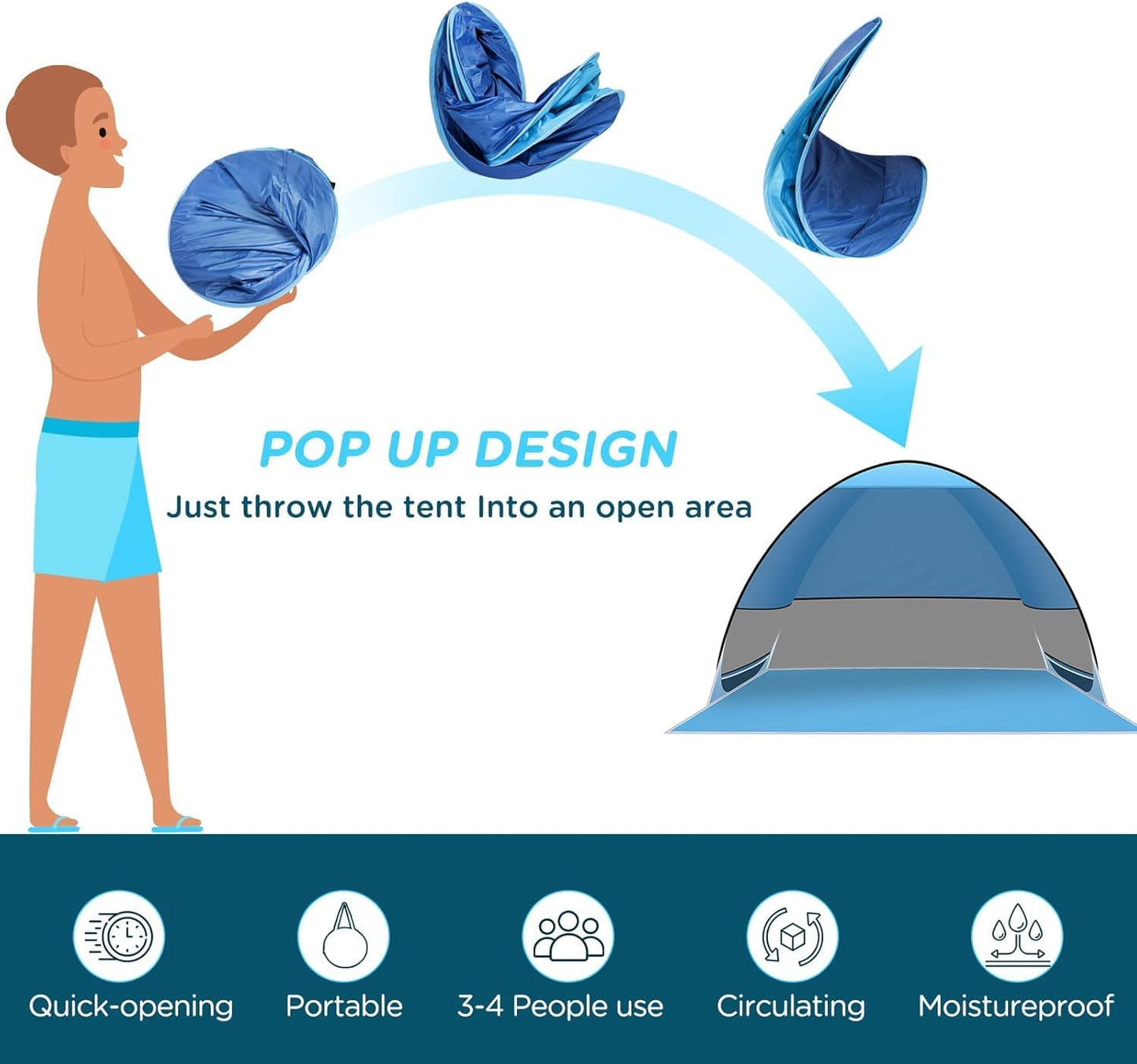 Beach tent Pop Up, Portable Extra Light Automatic Sun Shelter UPF 50+ for 3-4 people Family Sunshade Beach Camping, Hiking, Garden.