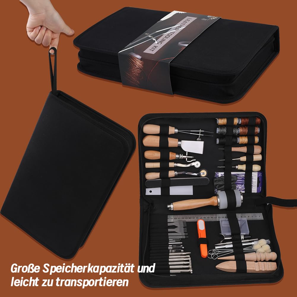 Wamkon leather crafting tools leather crafting sets leather sewing tools with storage bag cutting mat stamping tool pricking iron stitching groove for DIY sewing cutting and stitching.