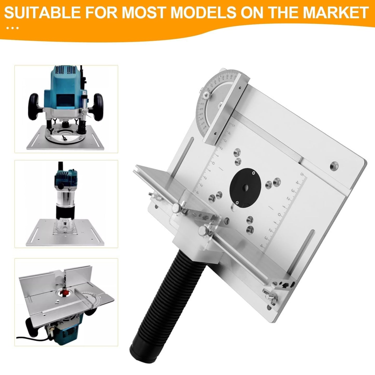 Set of 3 router table insert plates made of aluminum alloy. Includes router table insert plate for routers, silver engraving aid tool, and miter gauge.