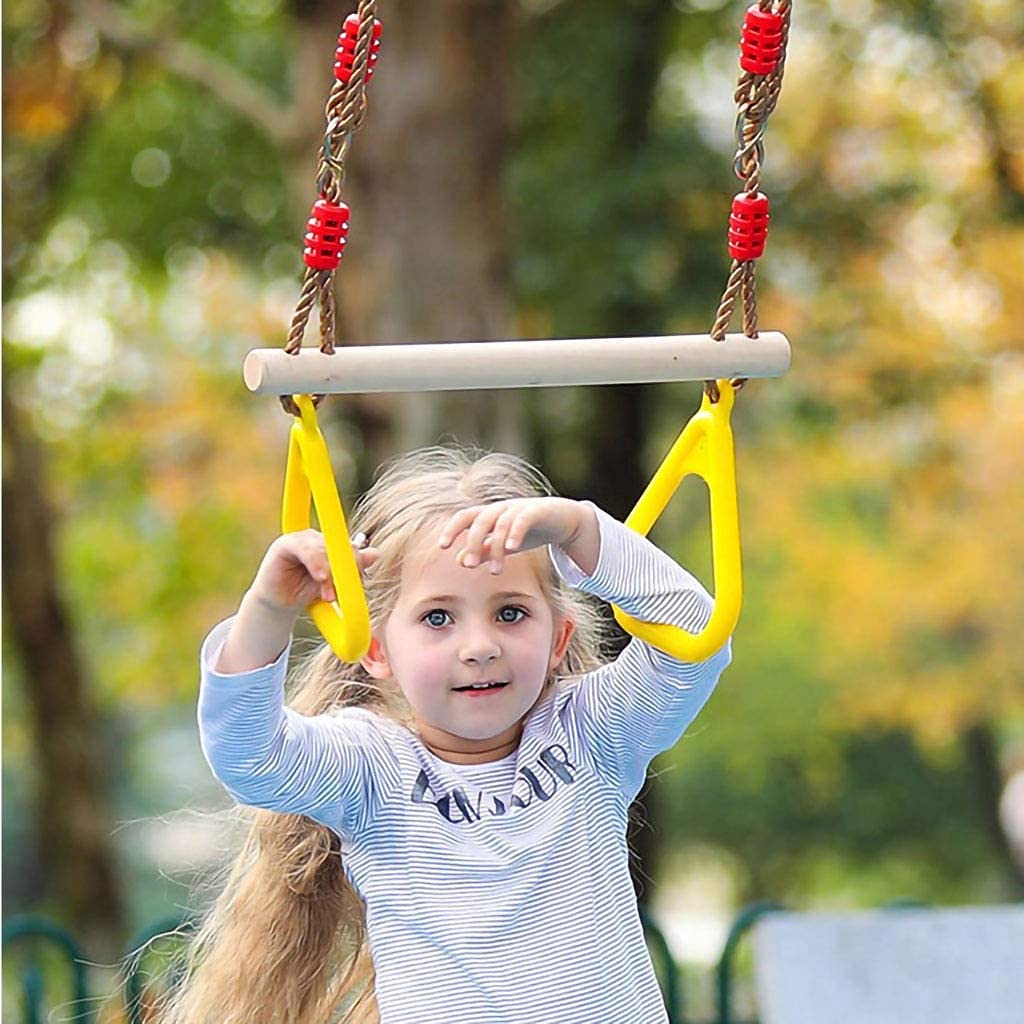 Morwealth Multifunctional Kids Wooden Trapeze Swing with Plastic Rings Gymnastic Rings for Hanging Supports up to 120KG for Indoor and Outdoor Use (Yellow)