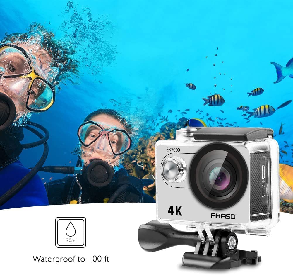 AKASO Action Cam EK7000 4K30FPS Action Camera 170° Wide Angle HD Underwater Camera 20MP WiFi Waterproof Sports Camera 2 Inch LCD Screen with 2 Batteries (Silver)