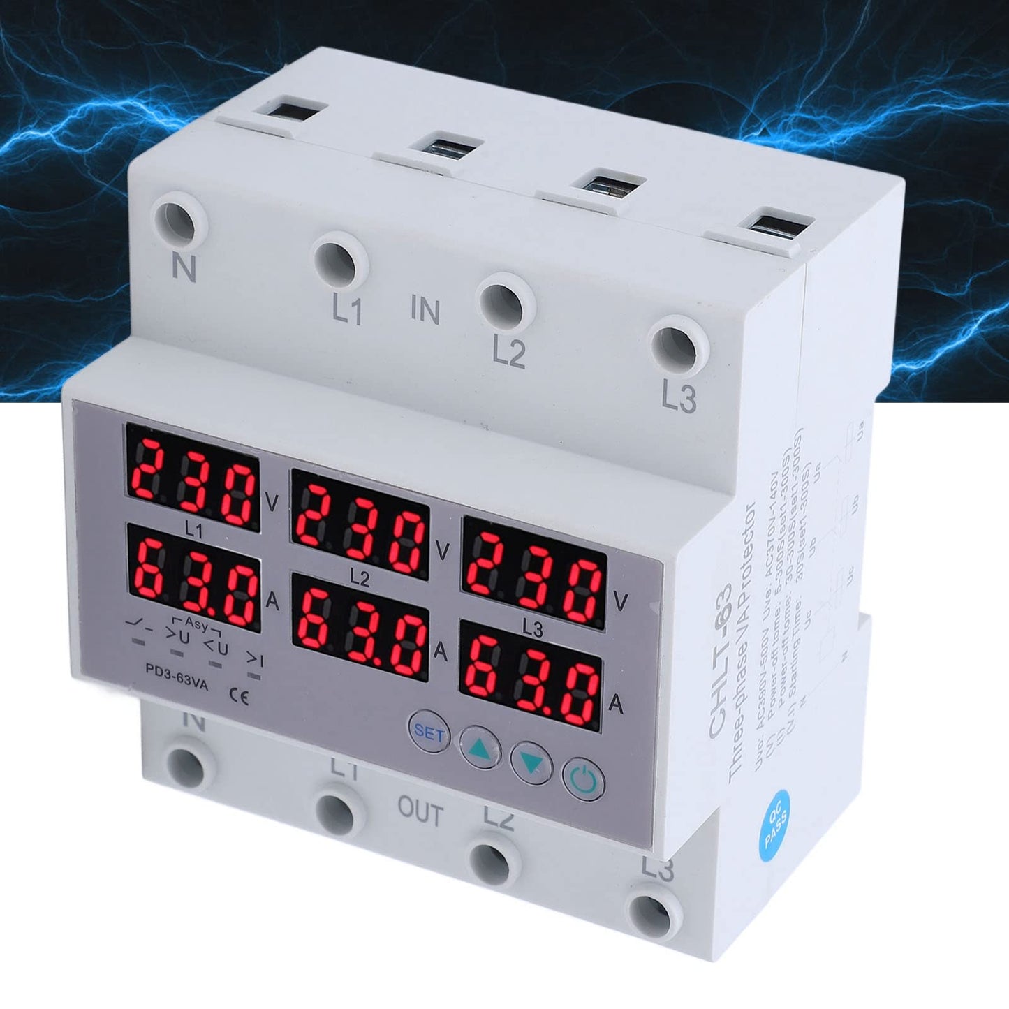 3-phase DIN rail voltmeter power meter, AC 390-500V digital ammeter automatic overvoltage overcurrent protection, 3-phase watt-kWh-ampere electricity tester (40A)