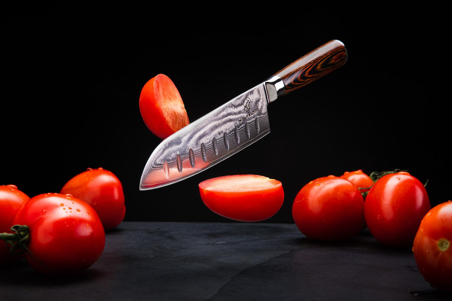 Wolfblood Damascus Santoku Knife XL (30cm) Professional chef's knife made of authentic 67 layer Damascus steel. Damascus kitchen knife with wooden handle. Comes in a gift box with blade guard.