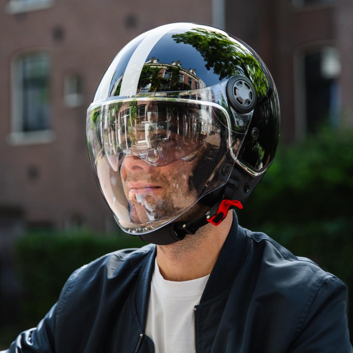 VINZ Parchi Jet Helmet with Dual Visor | Scooter Helmet Fashion Helmet with Stripes | Available in sizes XS-XXL | Jet helmet with sun visor | ECE 22.06 Certified | Motorcycle Helmet with Visor - Black